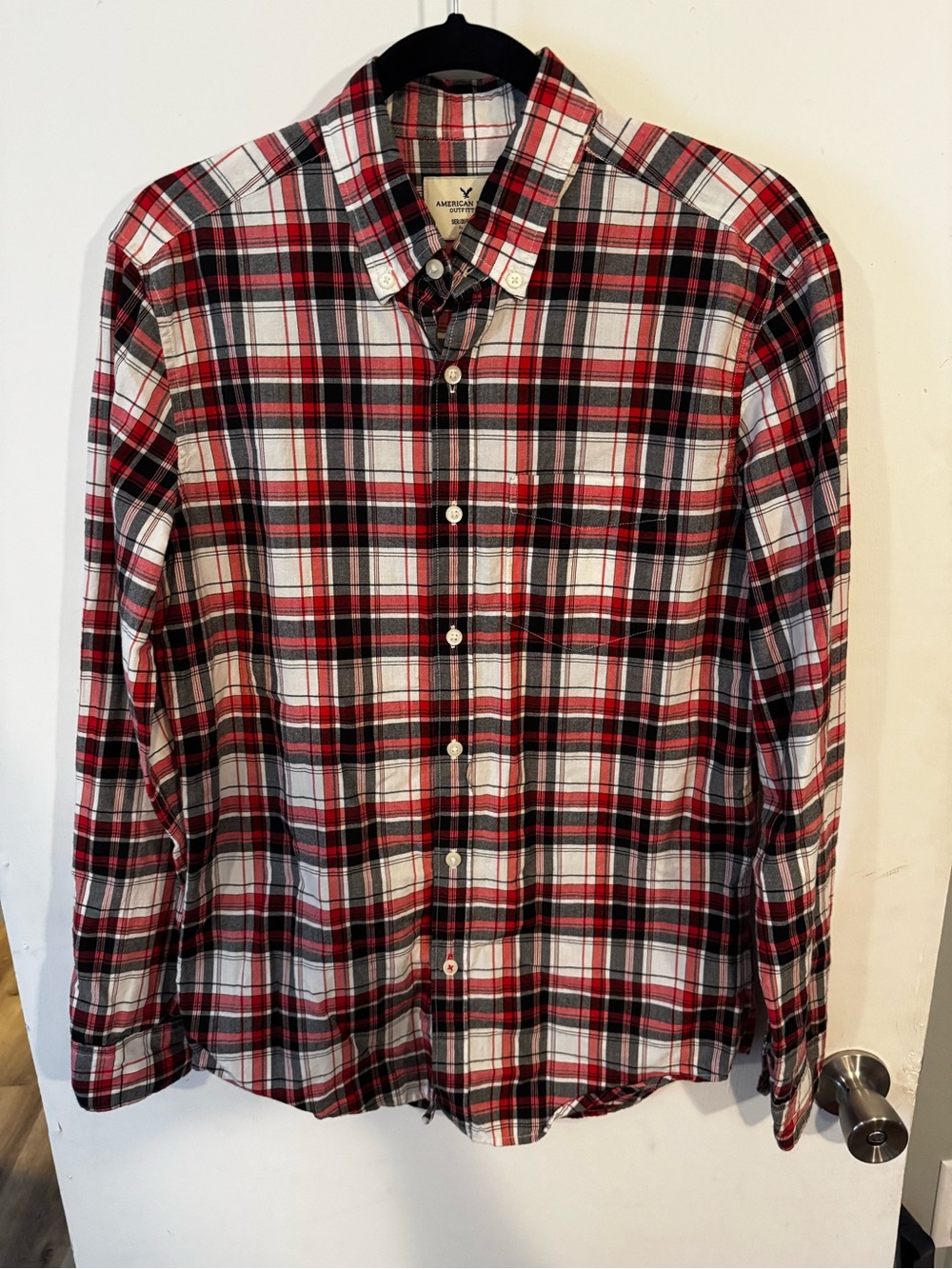 American Eagle Outfitters Red, Black & White Plaid Button-Down Shirt